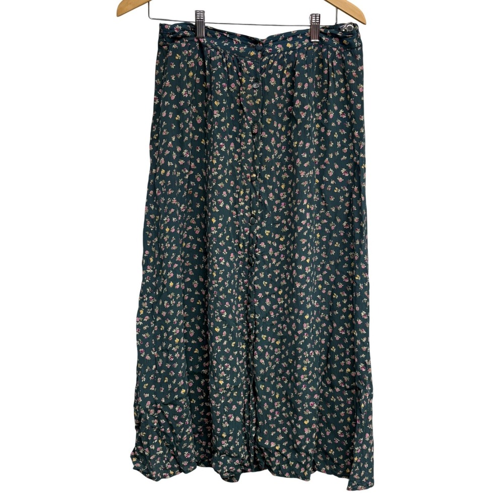 Vintage Paul Harris Ditsy Floral Button up green Midi Skirt 90s Boho Elastic S